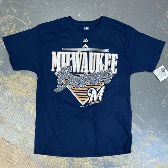 Majestic Milwaukee Brewers Shirt Navy MLB Retro Vintage Large - Picture 8 of 8